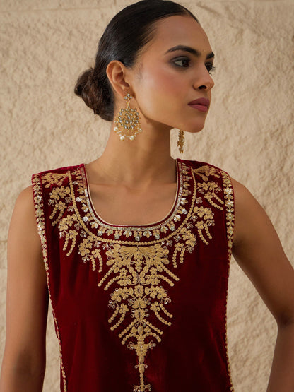 Women Maroon Velvet Sleeveless Top With Pleated Skirt