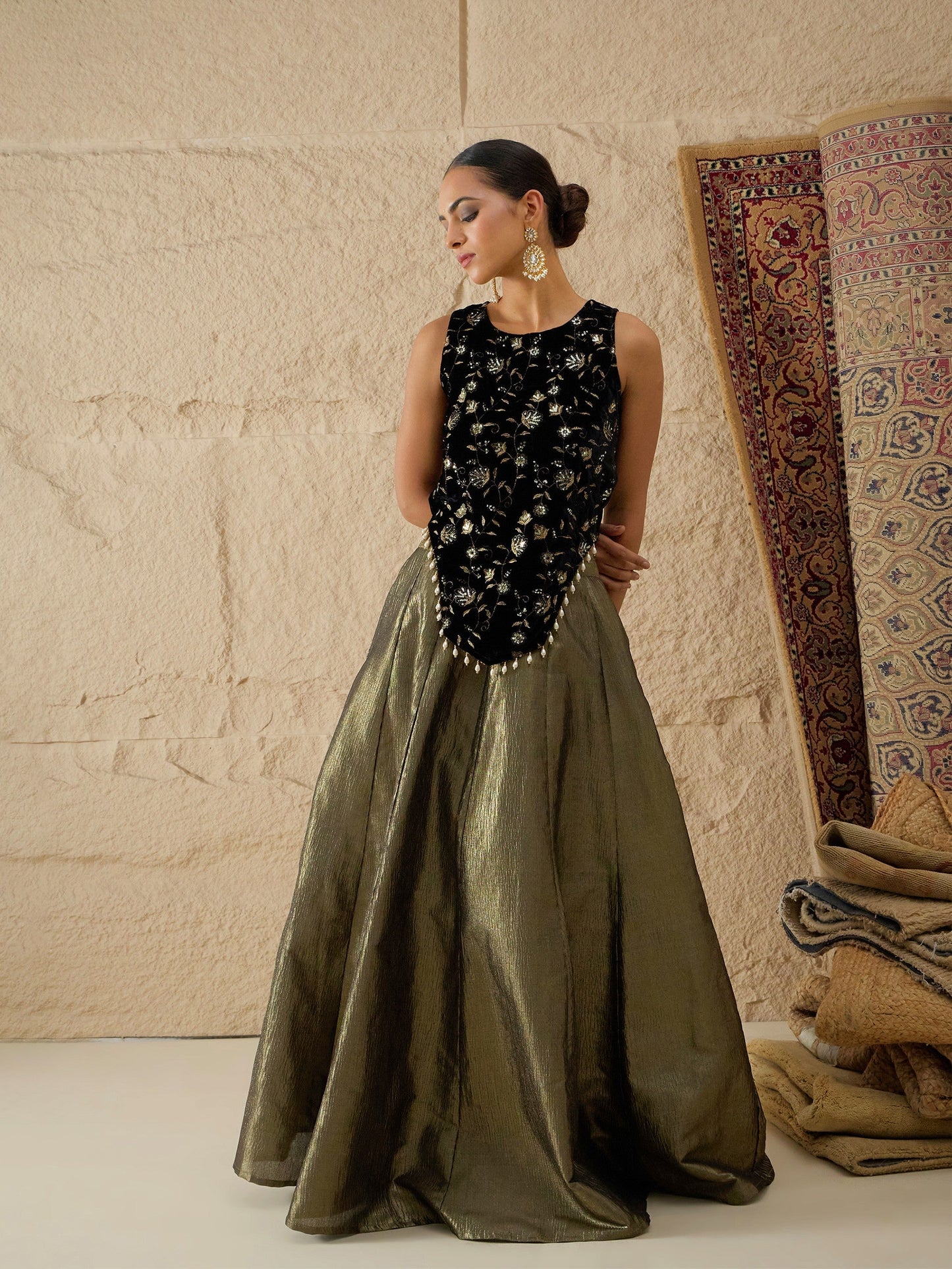 Women Black Velvet Top With Crinkled Anarkali Skirt
