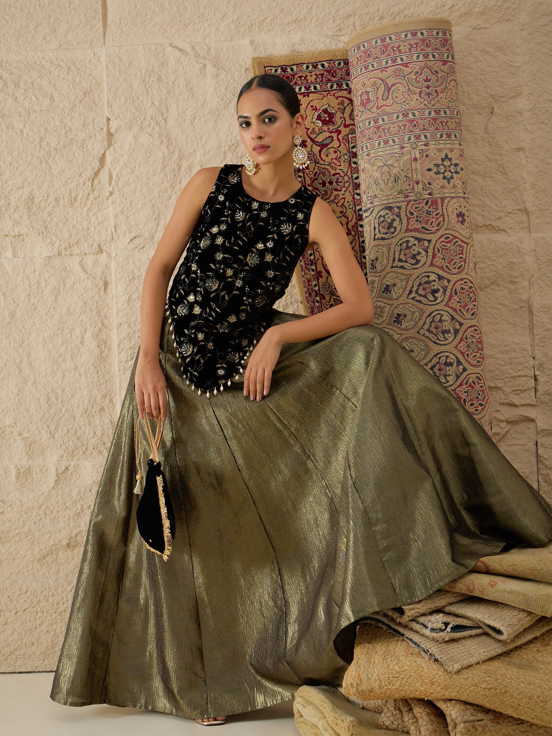 Women Black Velvet Top With Crinkled Anarkali Skirt
