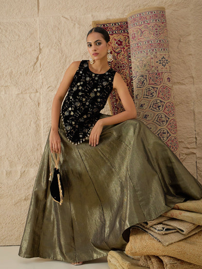 Women Black Velvet Top With Crinkled Anarkali Skirt