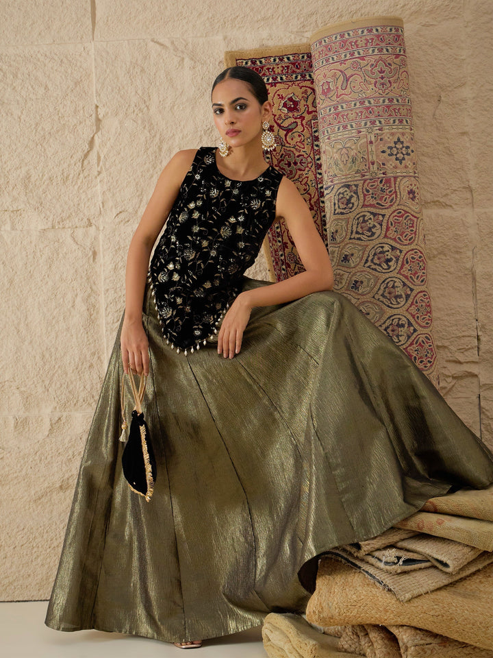 Women Black Velvet Top With Crinkled Anarkali Skirt