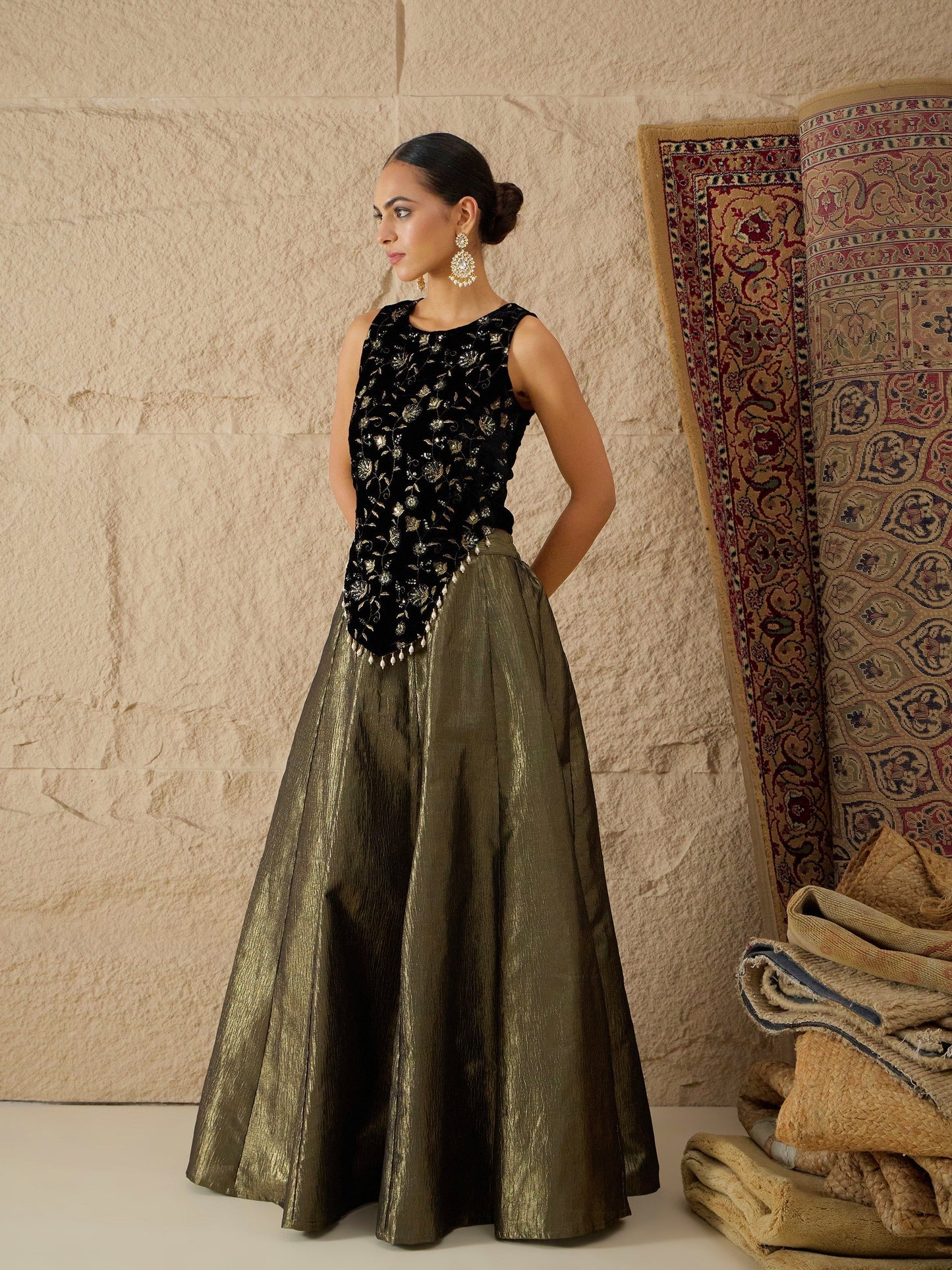 Women Black Velvet Top With Crinkled Anarkali Skirt