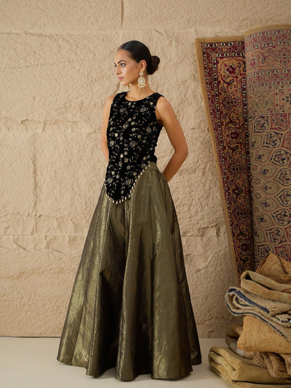Women Black Velvet Top With Crinkled Anarkali Skirt