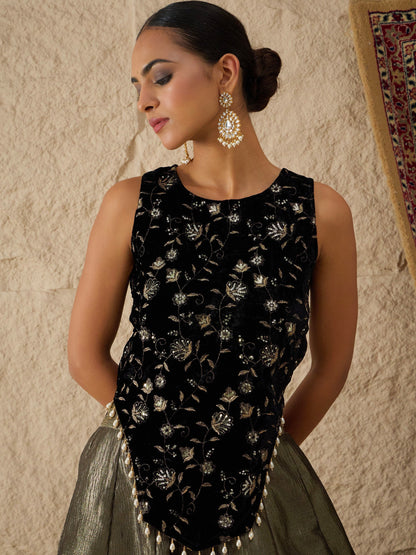Women Black Velvet Top With Crinkled Anarkali Skirt