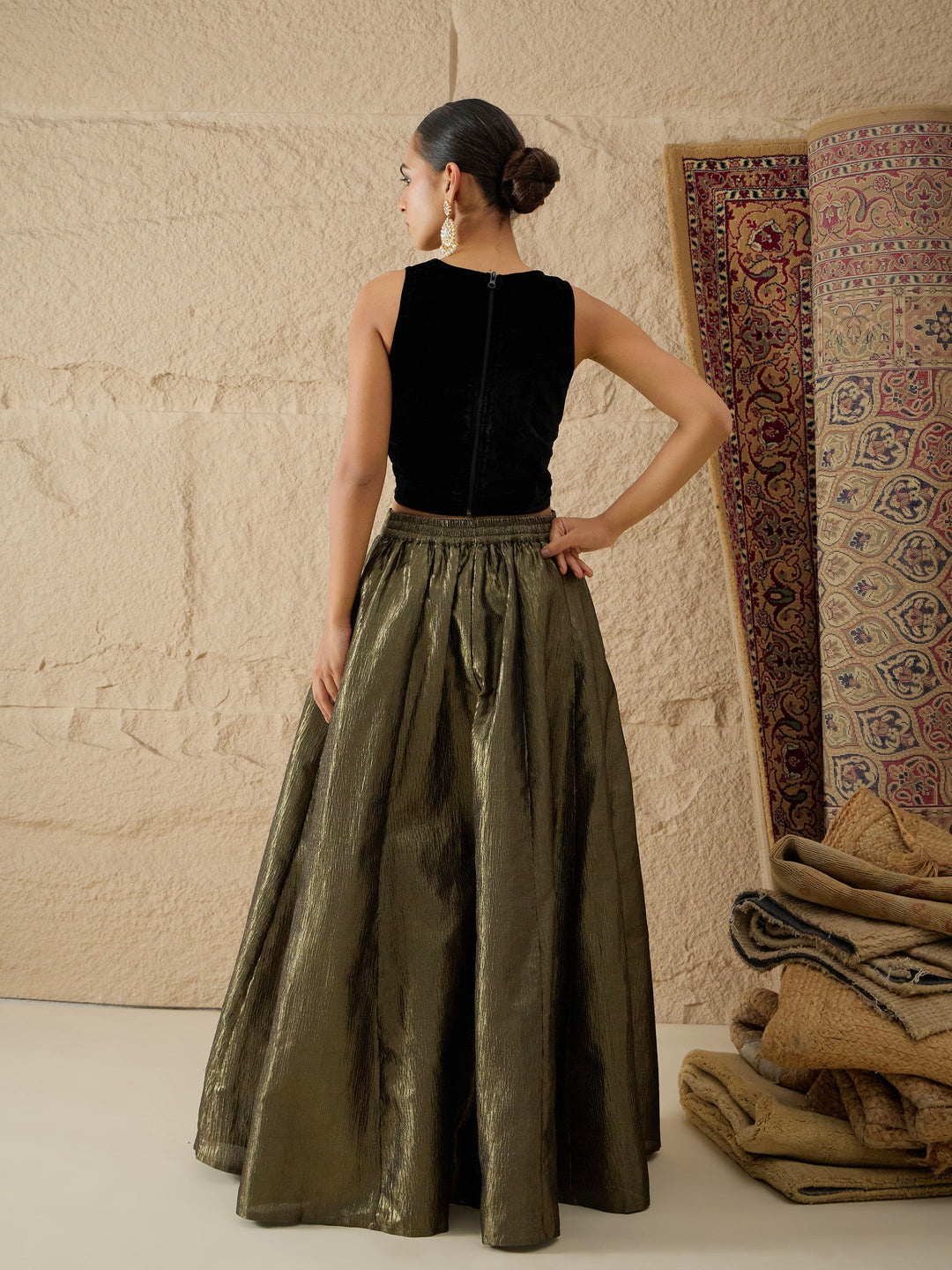Women Black Velvet Top With Crinkled Anarkali Skirt