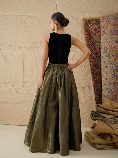Women Black Velvet Top With Crinkled Anarkali Skirt