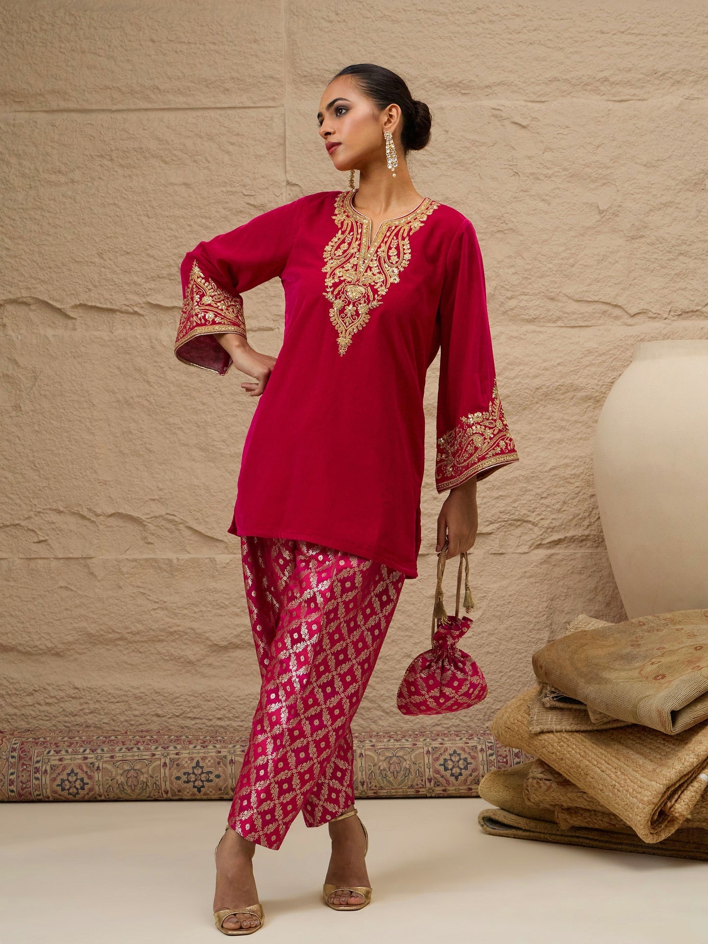 Women Fuchsia Velvet Embroidered Short Kurta With Farshi Salwar