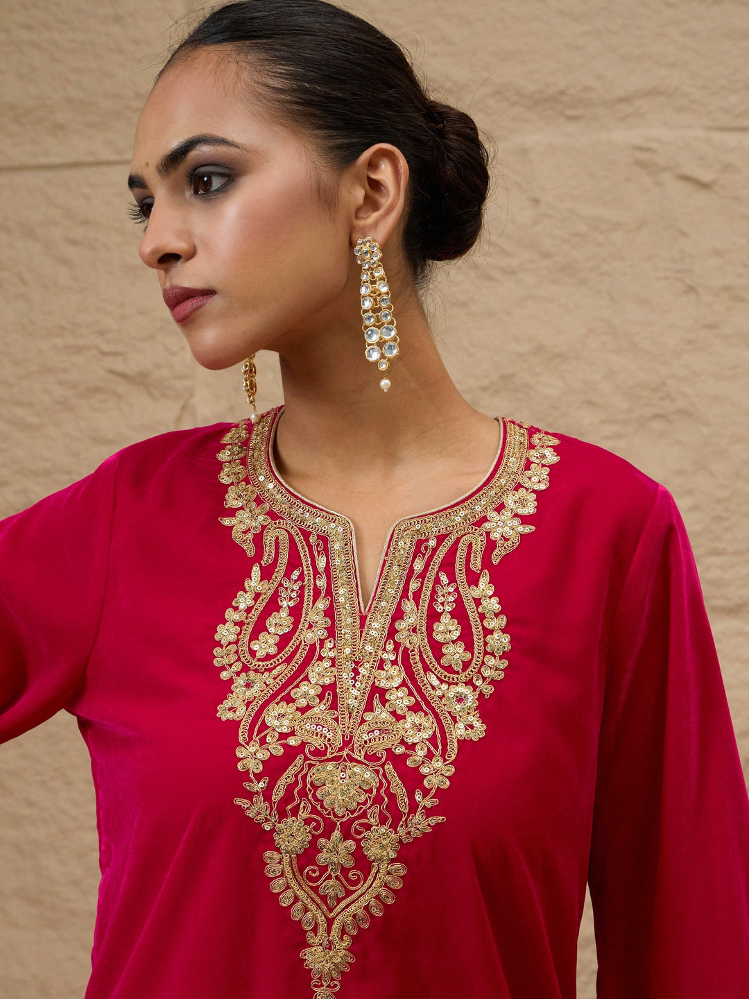 Women Fuchsia Velvet Embroidered Short Kurta With Farshi Salwar