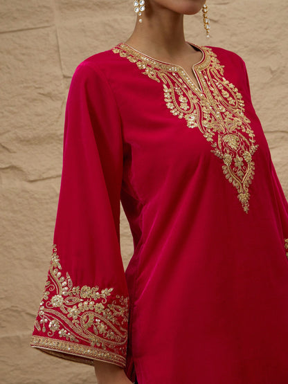 Women Fuchsia Velvet Embroidered Short Kurta With Farshi Salwar