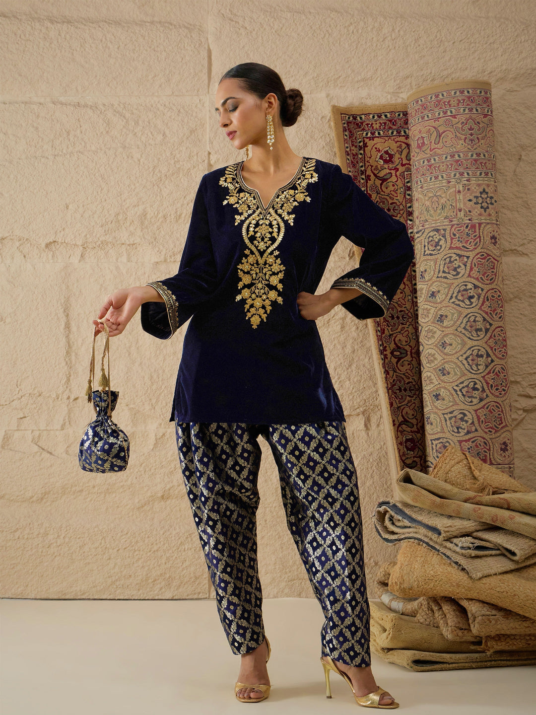 Women's Women Navy Velvet Embroidered Short Kurta With Farshi Salwar in Cotton by Shae for wholesale, bulk, supplier, manufacturer and wholesaler buyers from Trendphoria