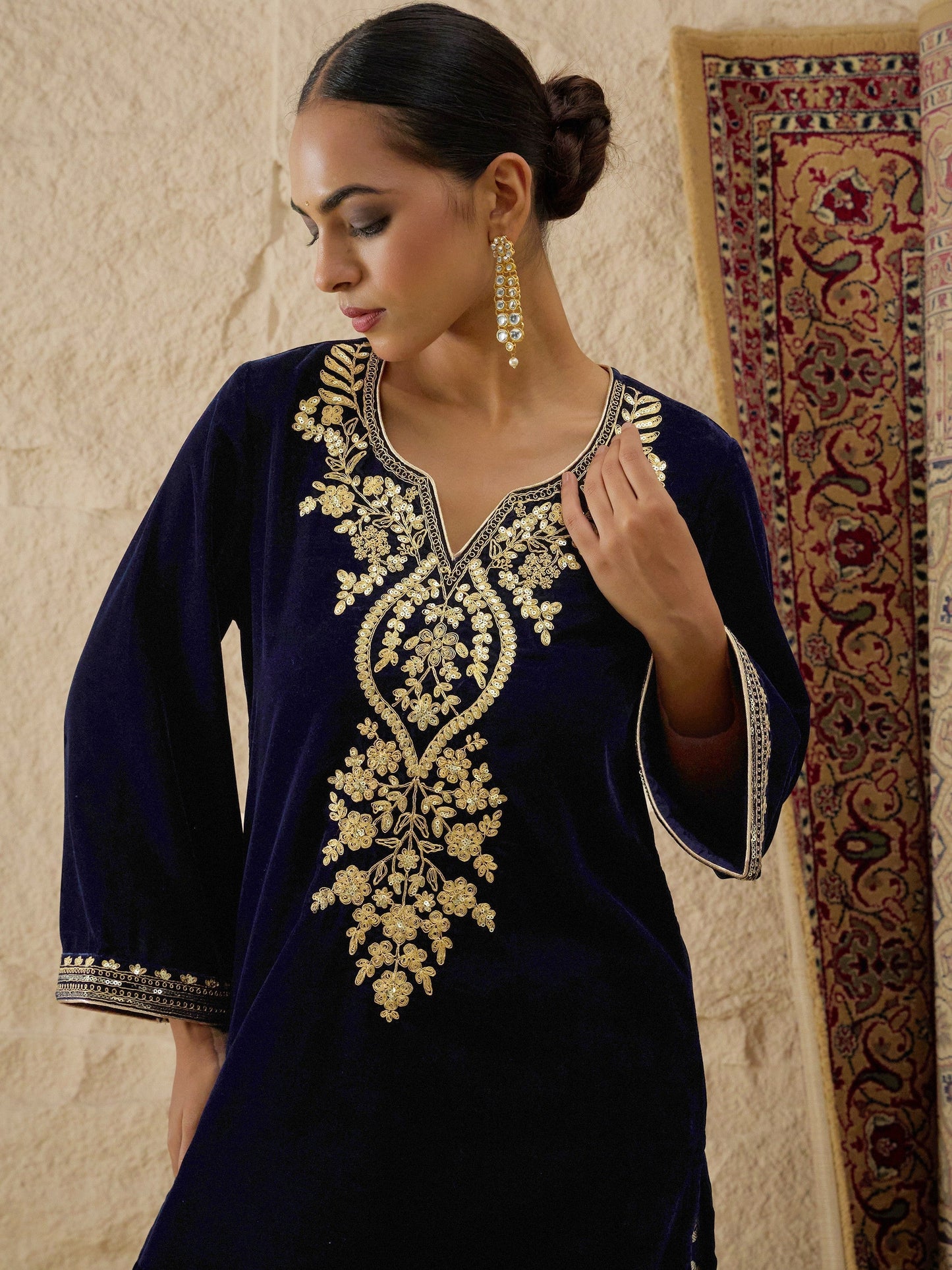 Women Navy Velvet Embroidered Short Kurta With Farshi Salwar