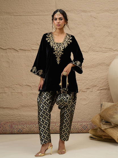 Women Black Velvet Embroidered Short Kurta With Farshi Salwar