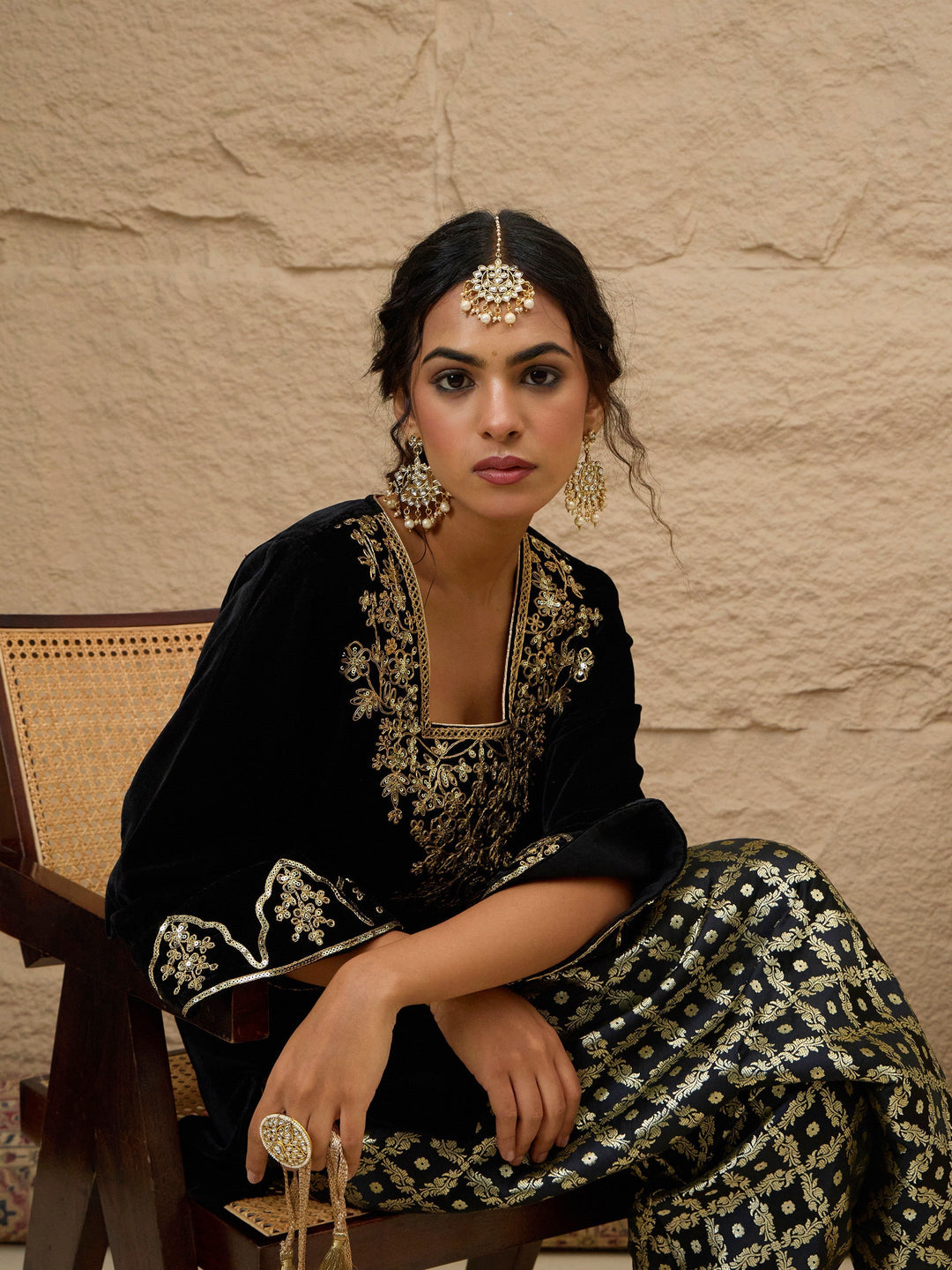 Women Black Velvet Embroidered Short Kurta With Farshi Salwar
