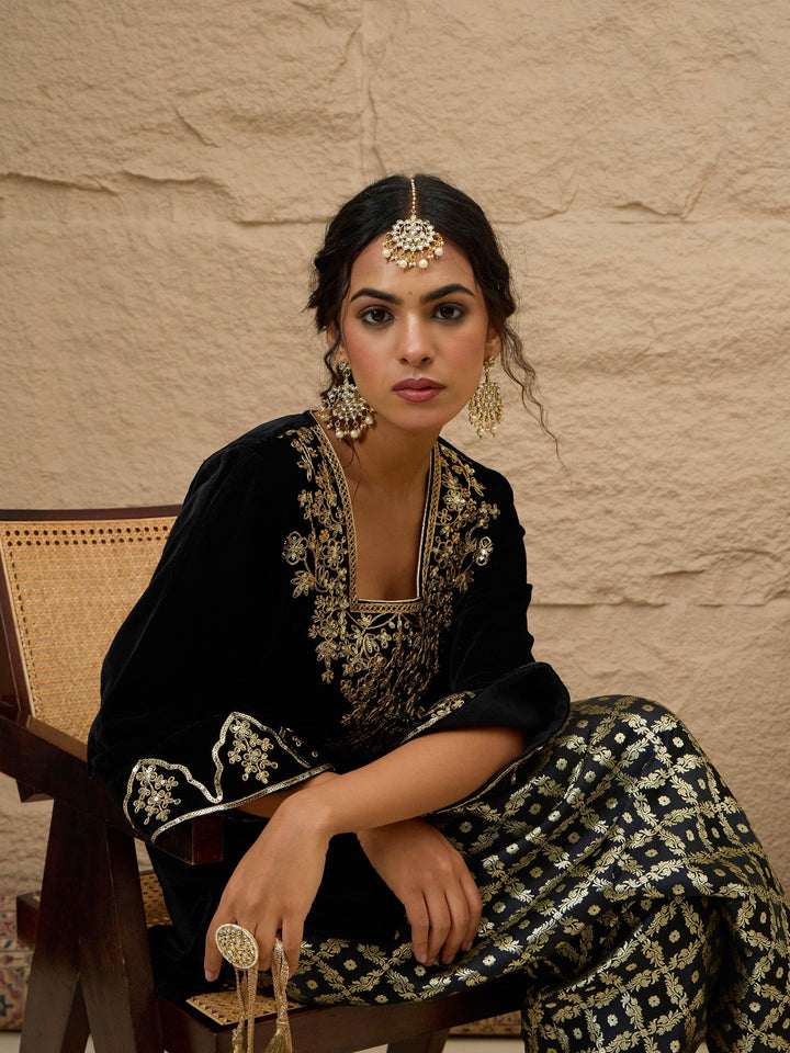 Women Black Velvet Embroidered Short Kurta With Farshi Salwar