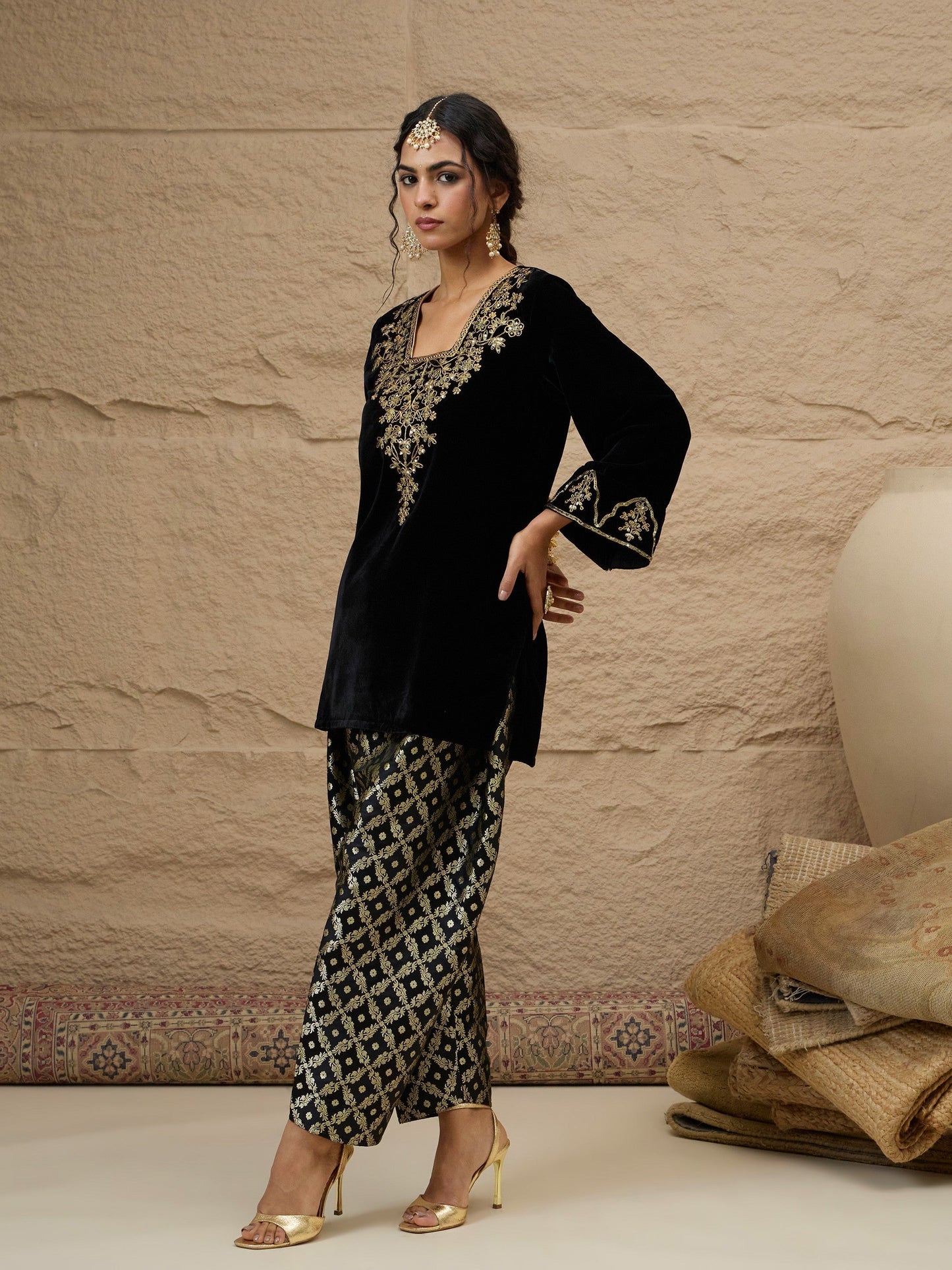 Women Black Velvet Embroidered Short Kurta With Farshi Salwar