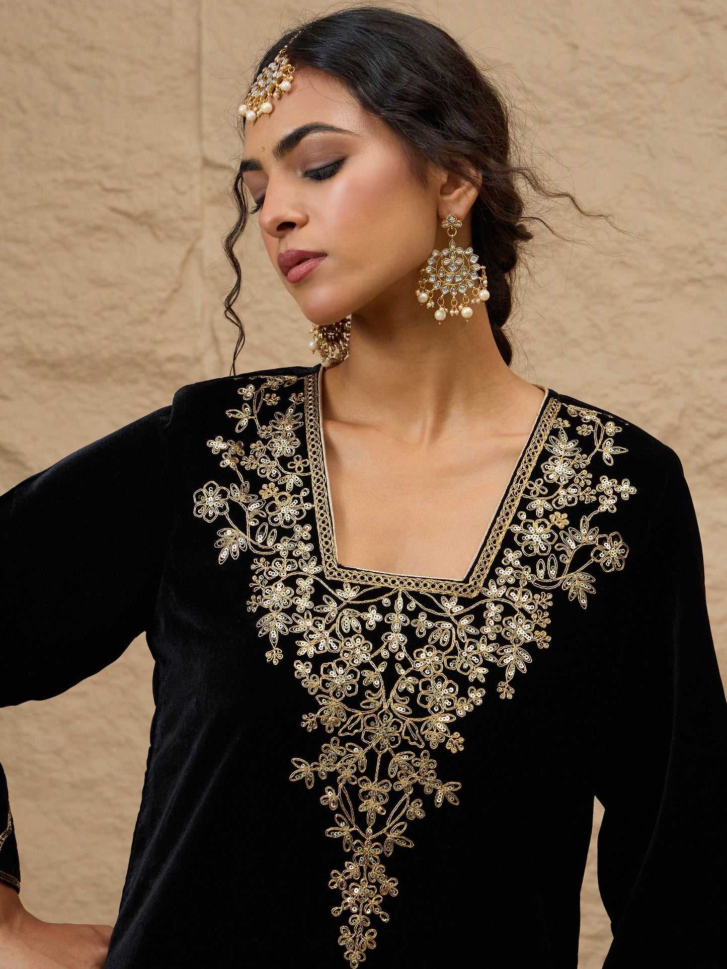 Women Black Velvet Embroidered Short Kurta With Farshi Salwar