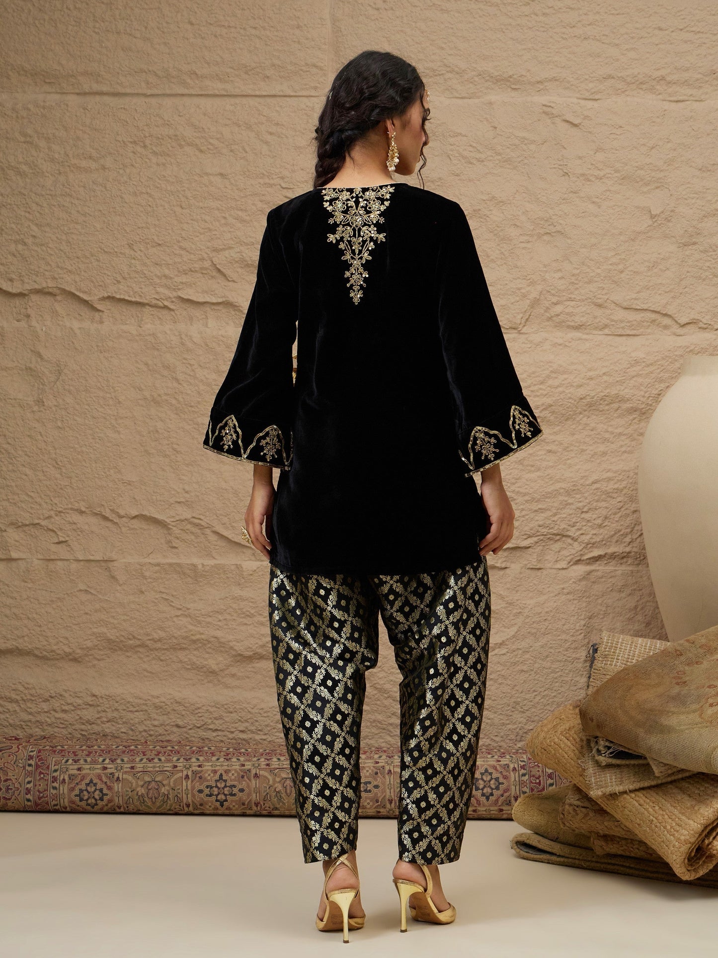 Women Black Velvet Embroidered Short Kurta With Farshi Salwar