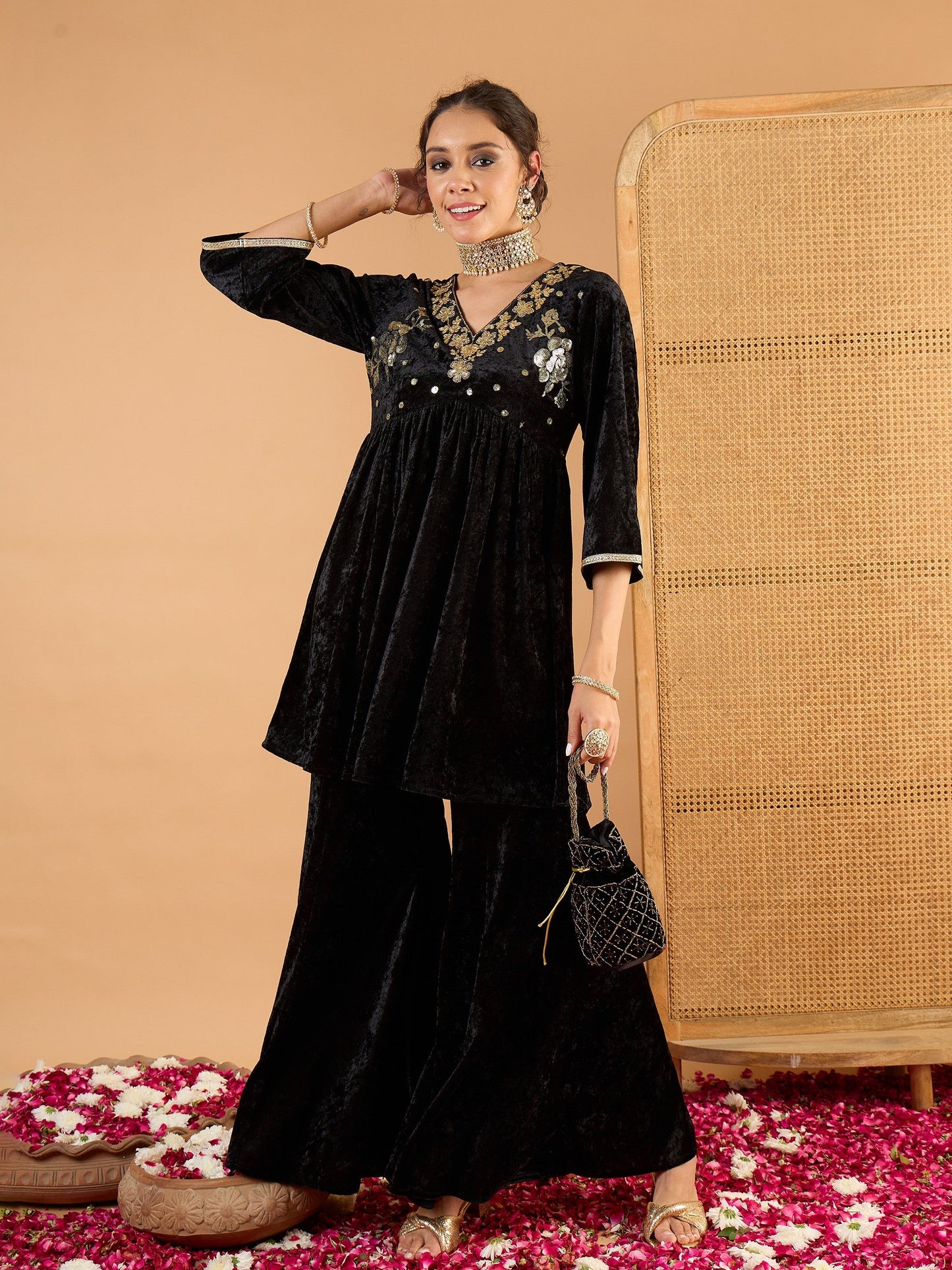 Women Black Velvet Embroidered V Neck Peplum Top With Palazzos