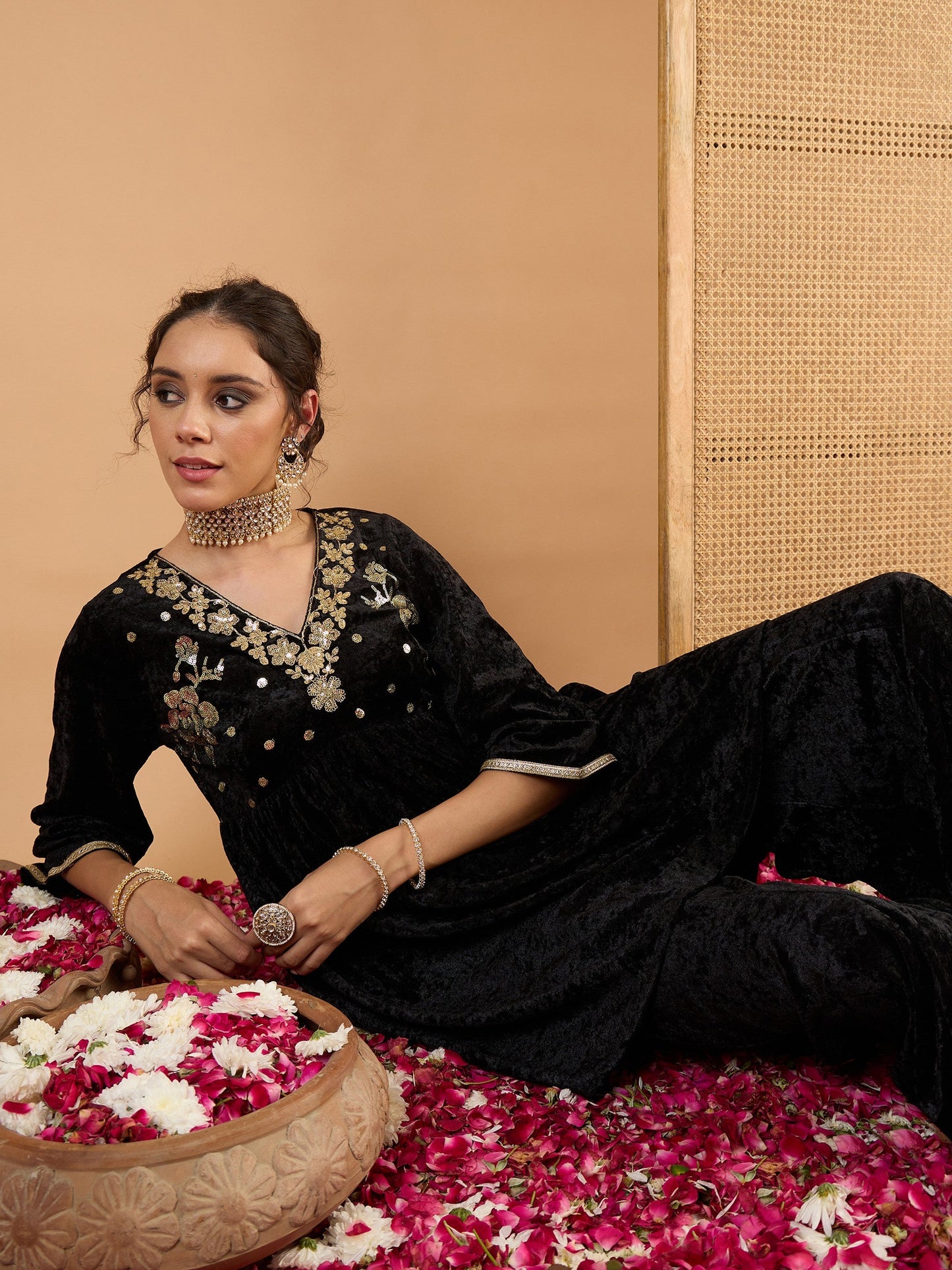 Women Black Velvet Embroidered V Neck Peplum Top With Palazzos