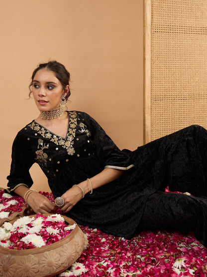 Women Black Velvet Embroidered V Neck Peplum Top With Palazzos