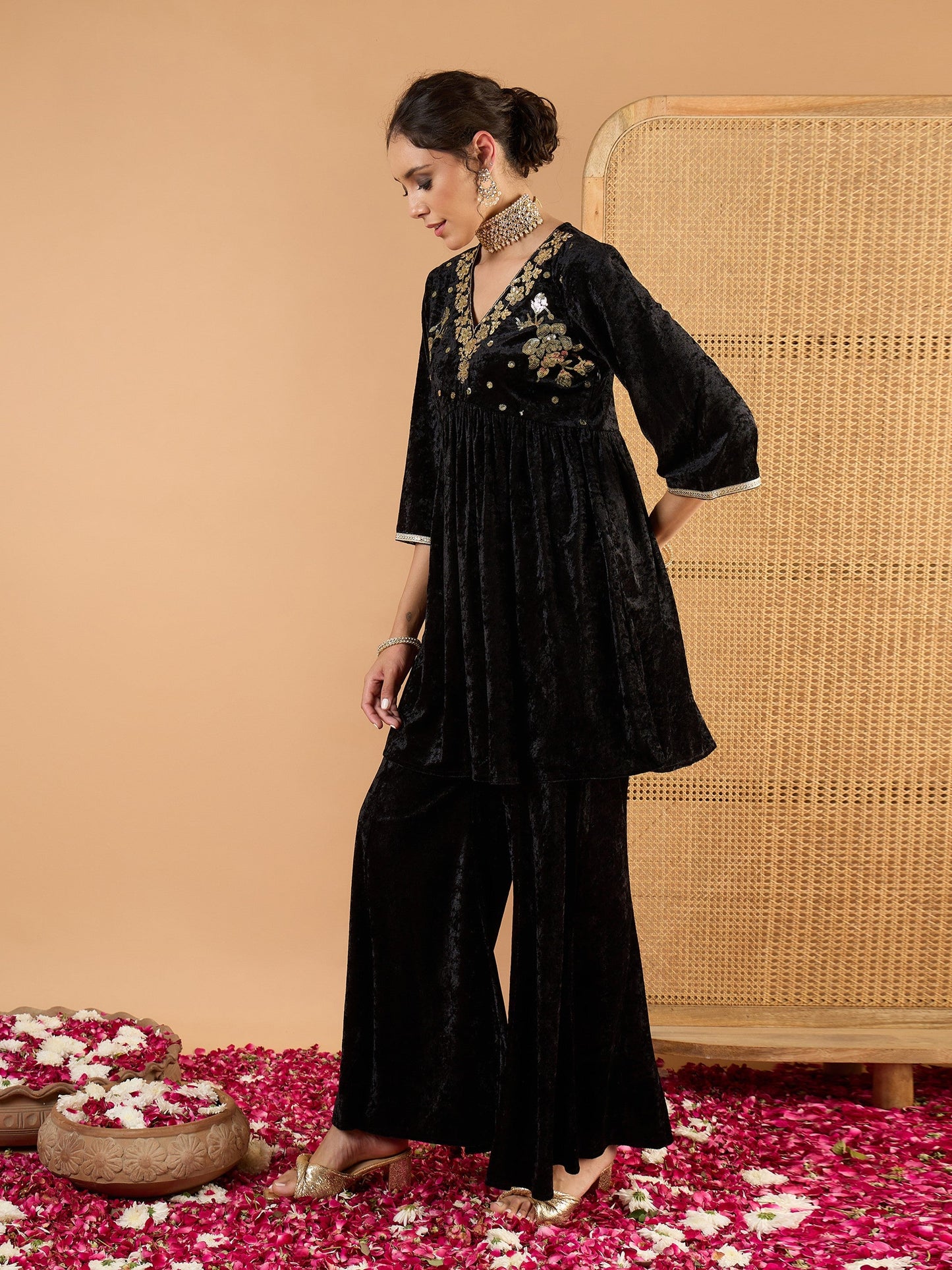 Women Black Velvet Embroidered V Neck Peplum Top With Palazzos