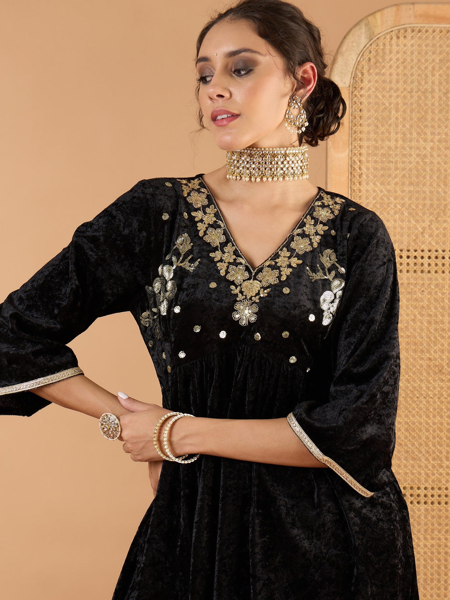 Women Black Velvet Embroidered V Neck Peplum Top With Palazzos