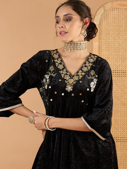 Women Black Velvet Embroidered V Neck Peplum Top With Palazzos