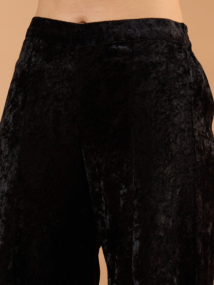 Women Black Velvet Embroidered V Neck Peplum Top With Palazzos