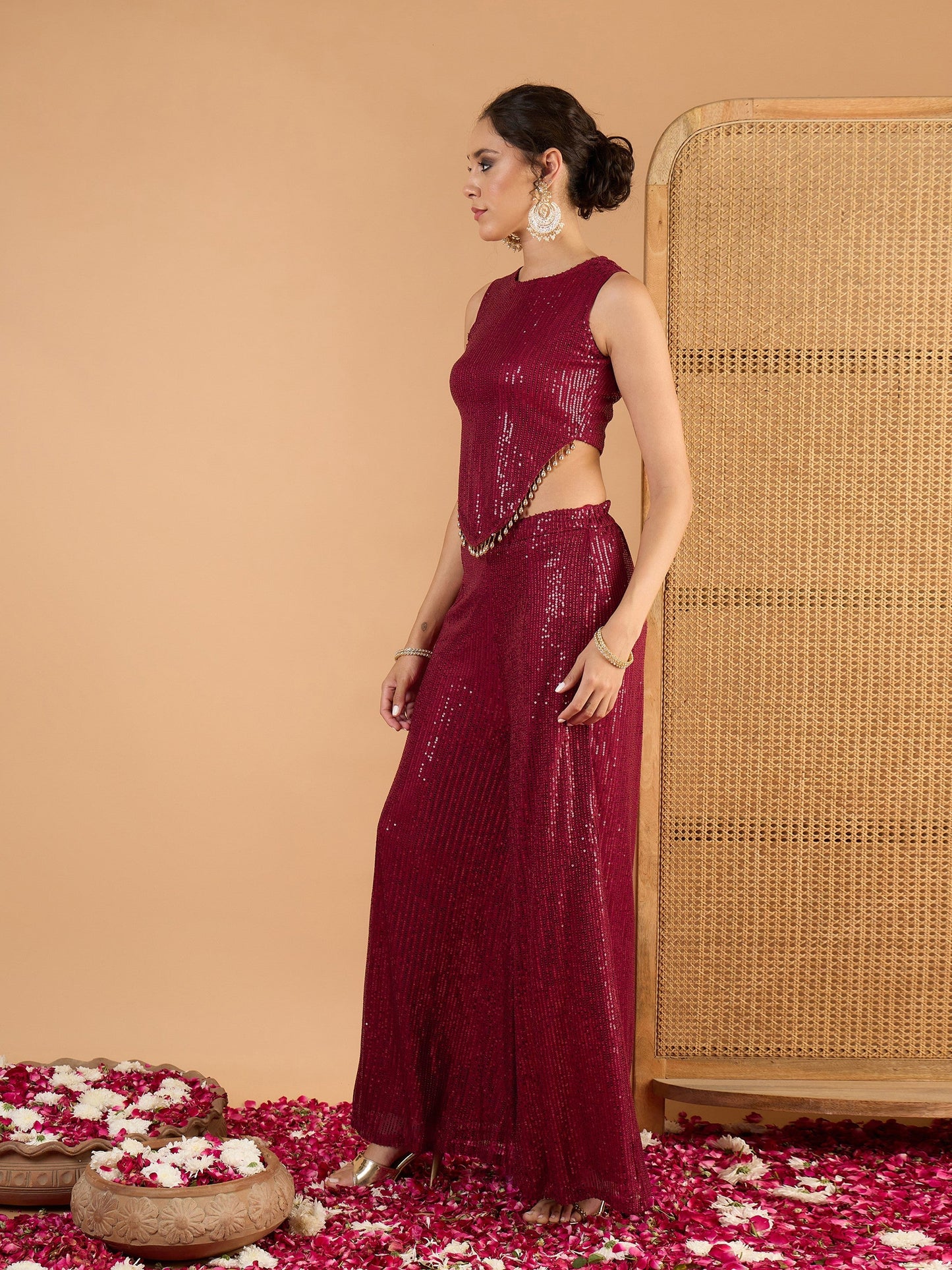 Women Maroon Sequence Top With A-Line Palazzos