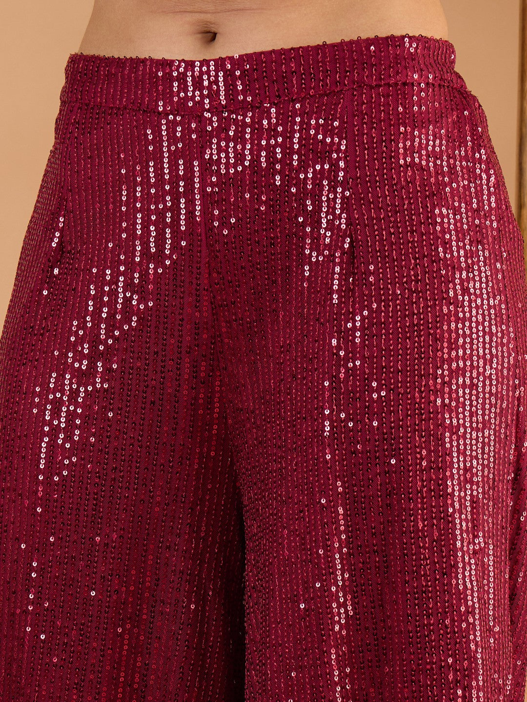 Women Maroon Sequence Top With A-Line Palazzos