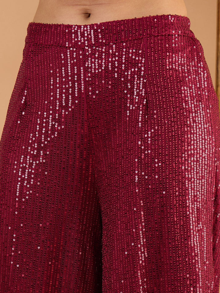 Women Maroon Sequence Top With A-Line Palazzos