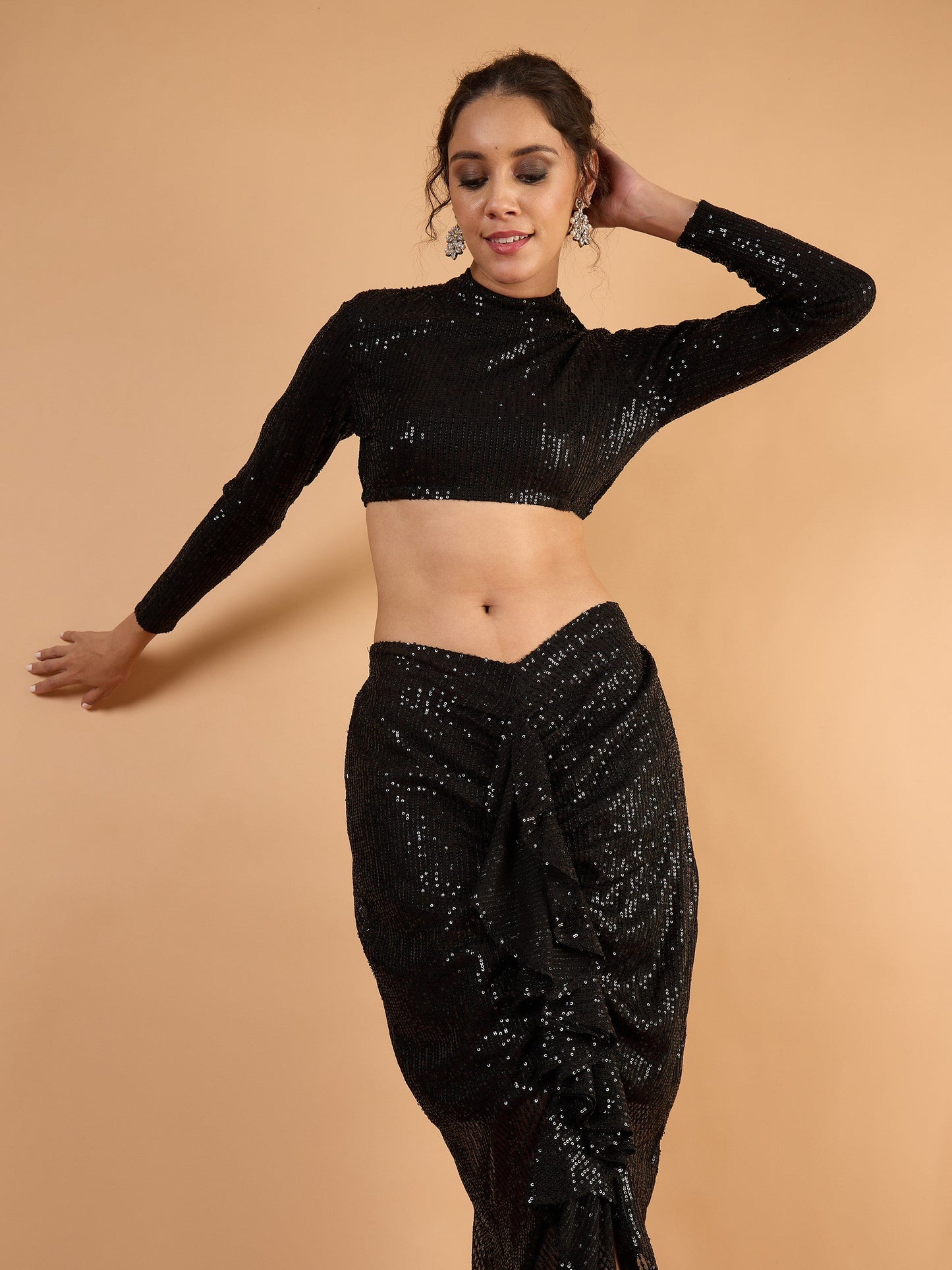 Women Black sequence Crop Top With Front Frill Skirt