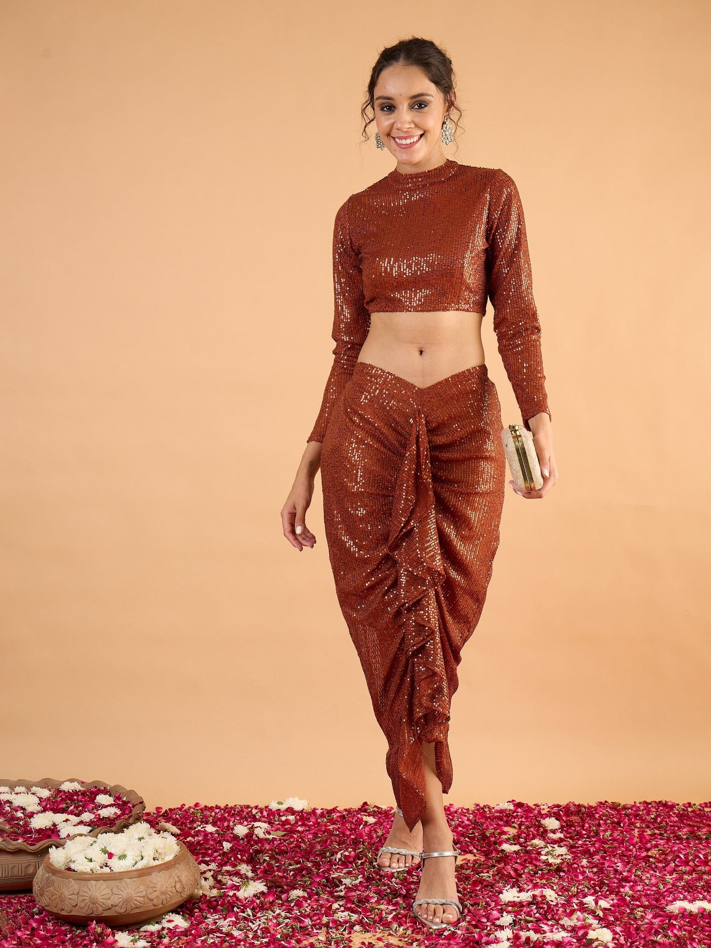 Women Rust sequence Crop Top With Front Frill Skirt