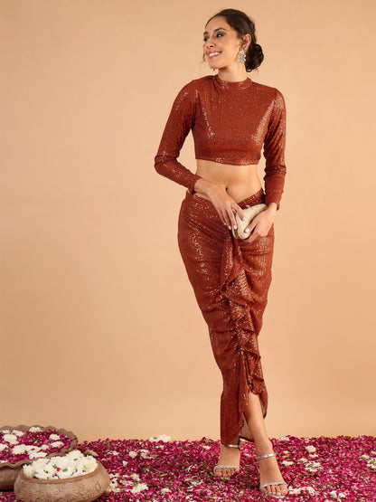 Women Rust sequence Crop Top With Front Frill Skirt