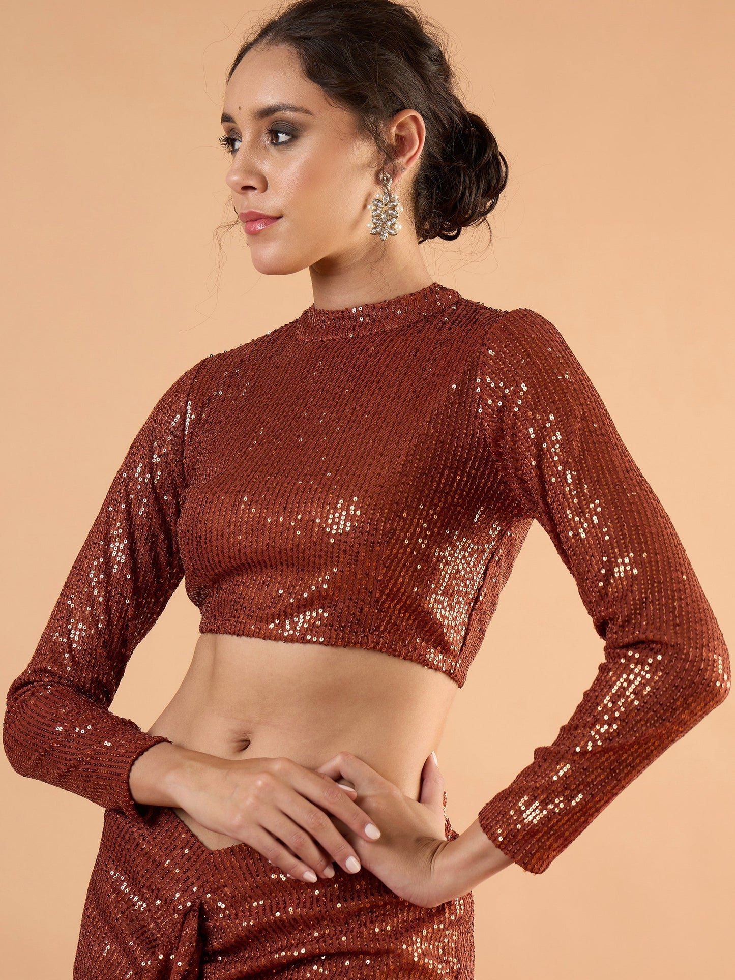 Women Rust sequence Crop Top With Front Frill Skirt