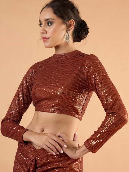 Women Rust sequence Crop Top With Front Frill Skirt
