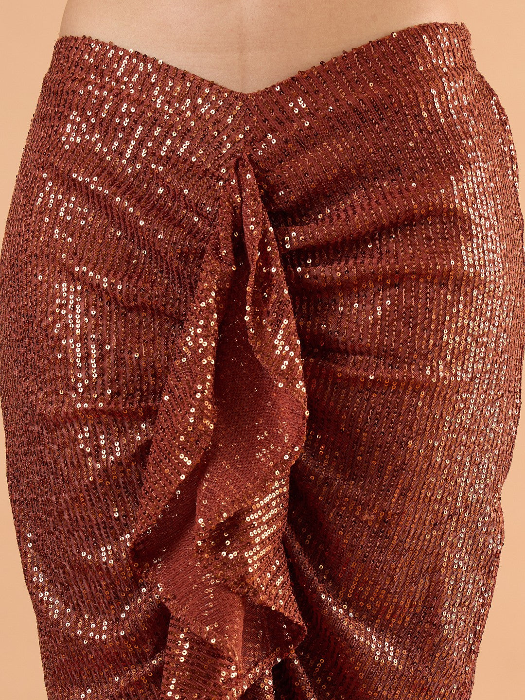 Women Rust sequence Crop Top With Front Frill Skirt