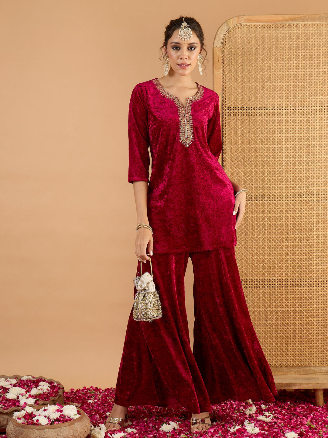 Women's Women Fuchsia Velvet Embroidered Short Kurta With Palazzos in Velvet by Shae for wholesale, bulk, supplier, manufacturer and wholesaler buyers from Trendphoria