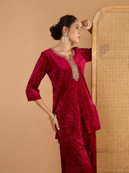 Women Fuchsia Velvet Embroidered Short Kurta With Palazzos
