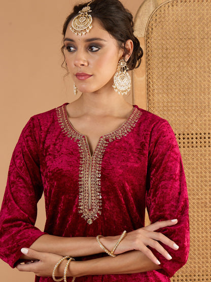 Women Fuchsia Velvet Embroidered Short Kurta With Palazzos