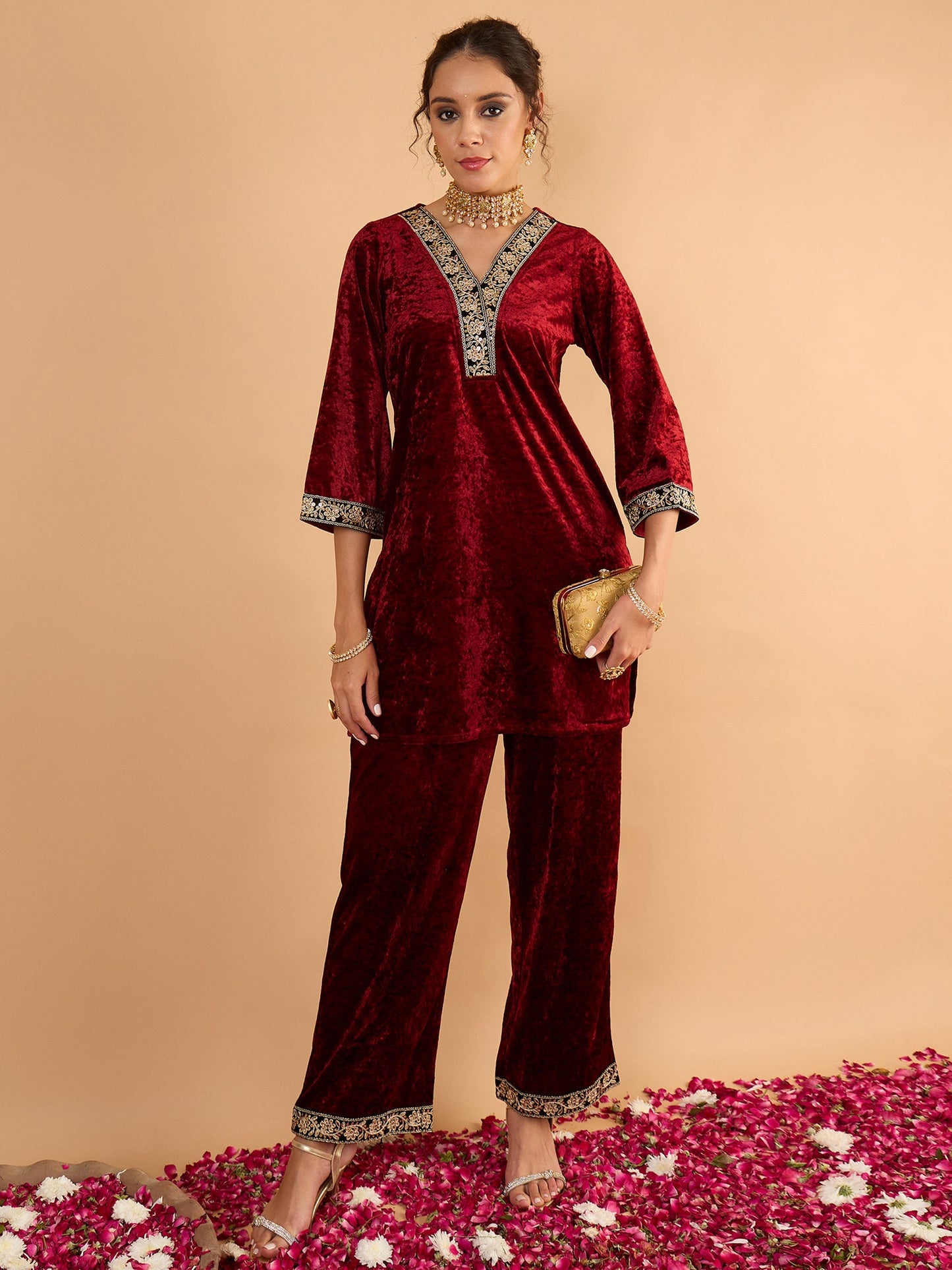 Women Maroon Velvet Embroidered Short Kurta With Straight Pants