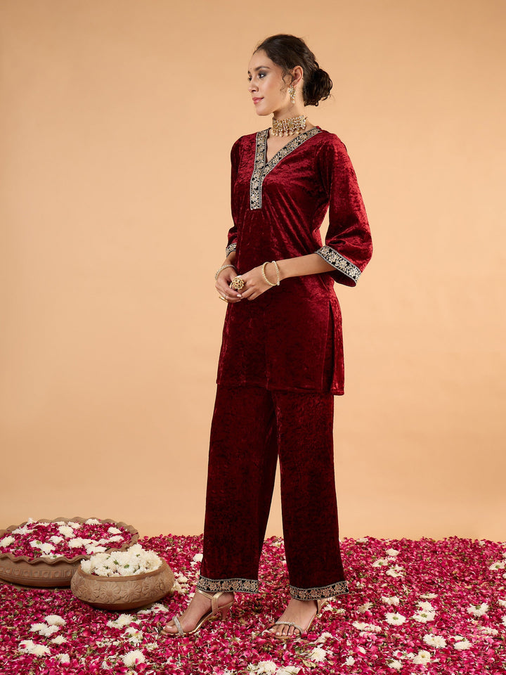 Women Maroon Velvet Embroidered Short Kurta With Straight Pants