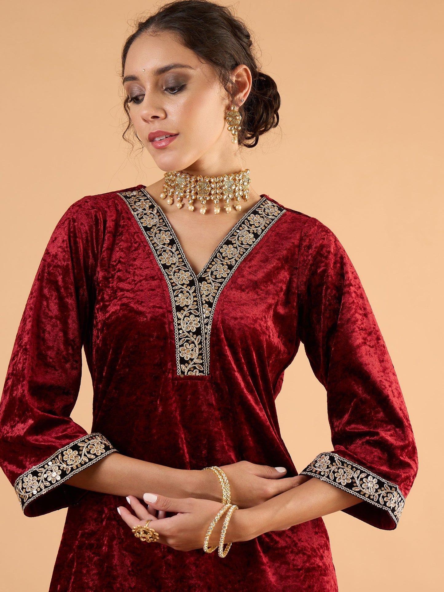 Women Maroon Velvet Embroidered Short Kurta With Straight Pants