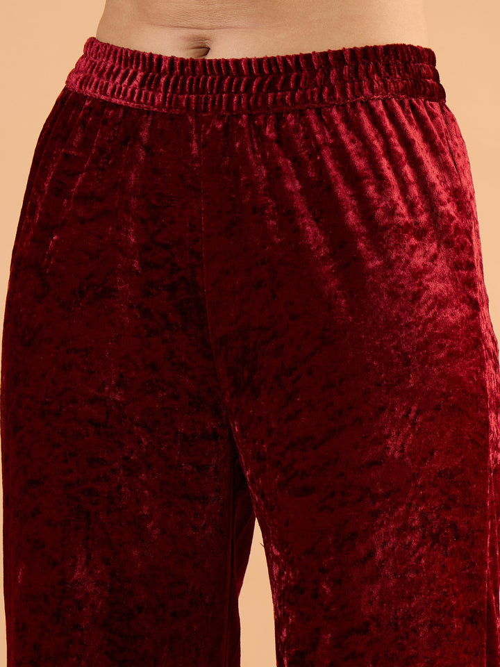 Women Maroon Velvet Embroidered Short Kurta With Straight Pants