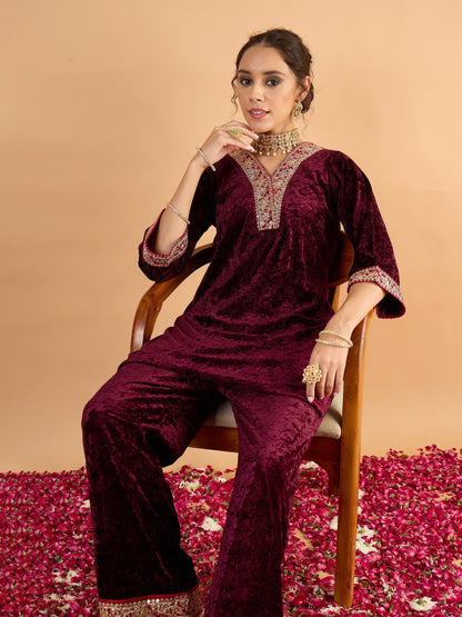 Women Purple Velvet Embroidered Short Kurta With Straight Pants
