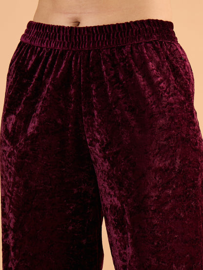 Women Purple Velvet Embroidered Short Kurta With Straight Pants