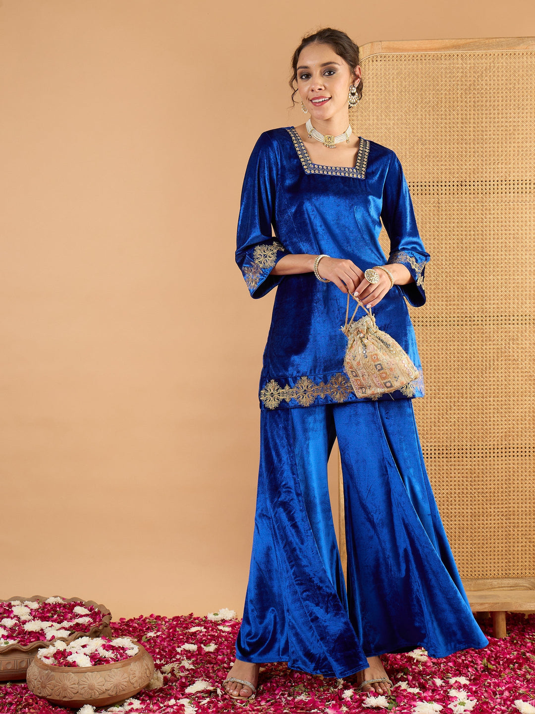 Women's Women Blue Velvet Embroidered Glass Neck Short Kurta With Palazzos in Velvet by Shae for wholesale, bulk, supplier, manufacturer and wholesaler buyers from Trendphoria