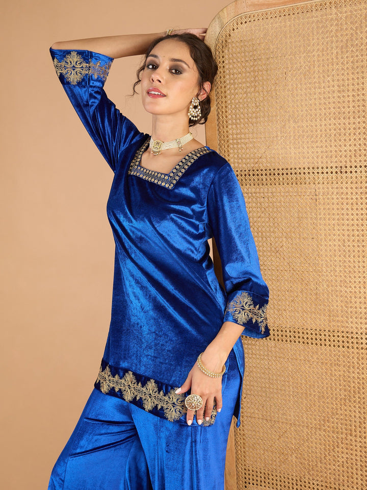 Women Blue Velvet Embroidered Glass Neck Short Kurta With Palazzos