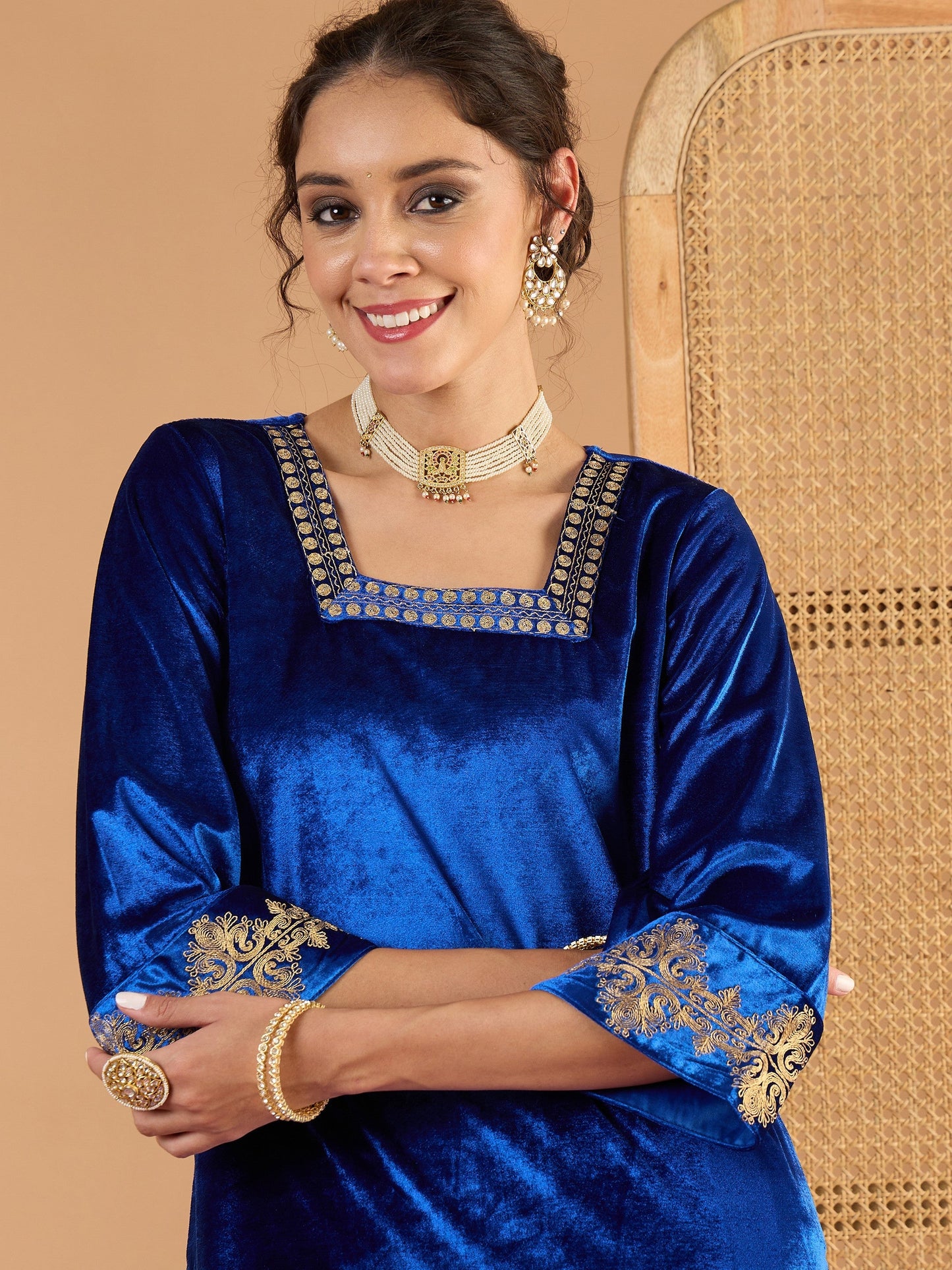 Women Blue Velvet Embroidered Glass Neck Short Kurta With Palazzos