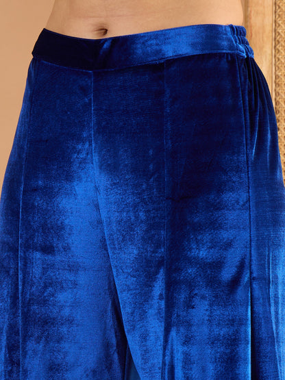 Women Blue Velvet Embroidered Glass Neck Short Kurta With Palazzos